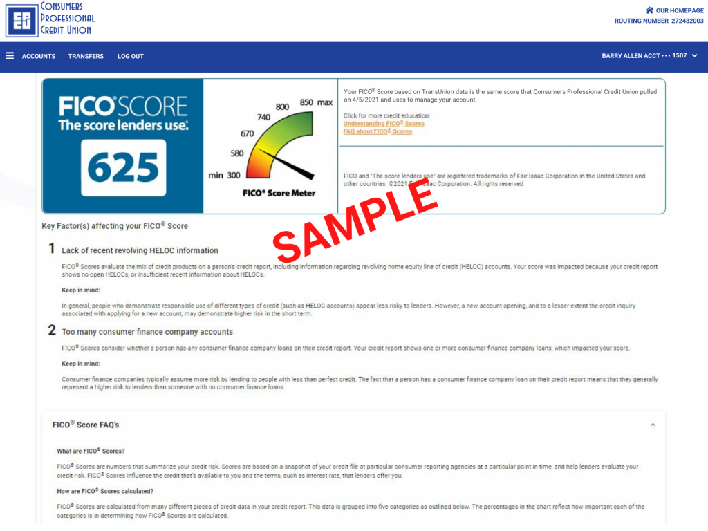 Sample of what your FICO Score page on CPCUi may look like.